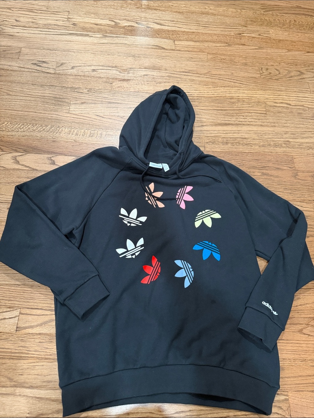 adidas Black Hoodie with Multicolor Trefoil Accents
